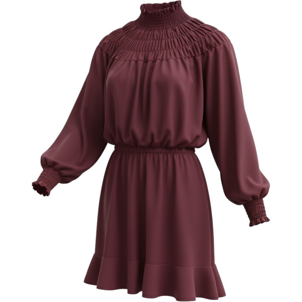 AX Paris Smocked High Neck Mini Dress Womens Size 8 Burgundy‎ Ruffle Hem Bishop